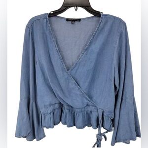 Haute Monde Womens Blouse Size L Chambray Mock Wrap Ruffle Hem Boho Bell Sleeve
